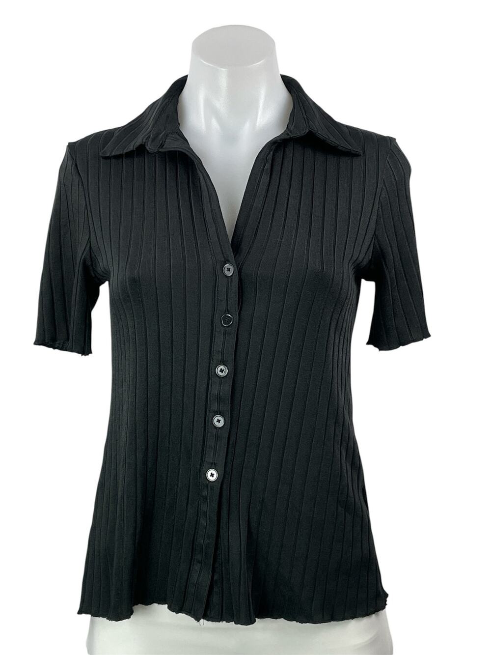 Club Monaco Women's Black Short Sleeves Ribbed Button Down Blouse Shirt Size S/P